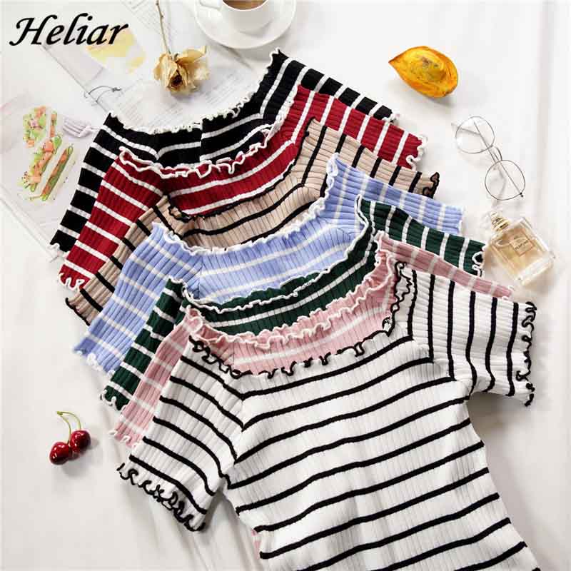 HELIAR Women T-Shirts Knitting Stripes Off Shoulder Flounce Hem Tees Women Short Sleeve T-Shirt Cute Crop Tops Women 2023 Summer