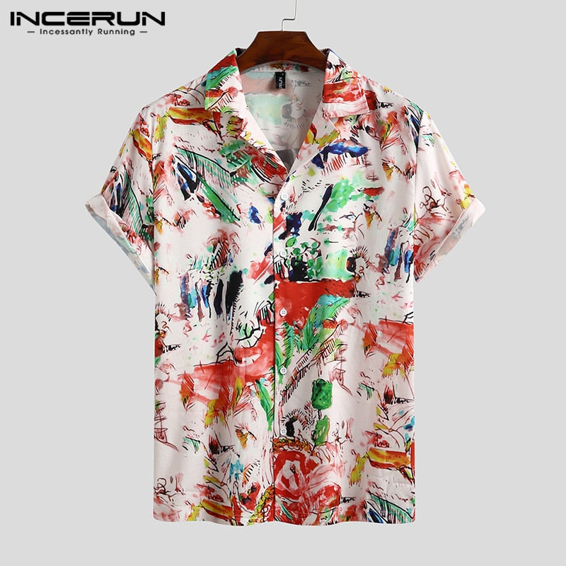 Camisa estampada de verano para hombre, ropa de calle de manga corta con cuello vuelto, camisas hawaianas holgadas elegantes para hombre, Camisa de vacaciones INCERUN 2022