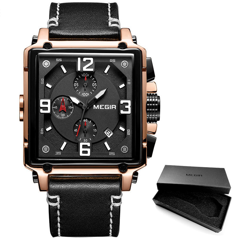 Megir Leather Strap Army Chronograph Quartz Wrist Watches Men Square Sports Stop Watch Man Clock Relogios Masculino 2061 Rose