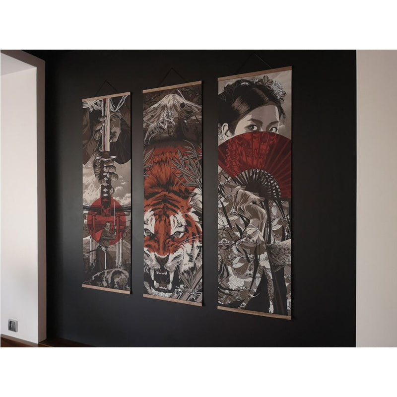 Samurai japonés Ukiyoe tigre lienzo póster imágenes para sala de estar decoración del hogar pintura arte de pared con pergamino colgante de madera maciza