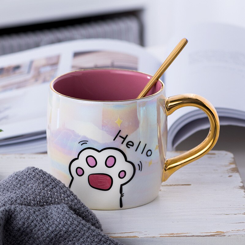 Cartoon Ceramics Cat Mug With Lid and Spoon Coffee Milk Mugs Cute Creative Breakfast Cup Valentine&