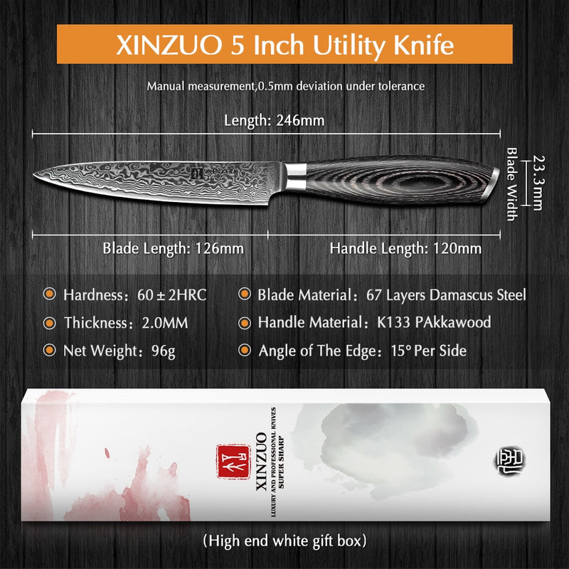 XINZUO 5"Inch Utility Knife 67 Layers Japanese Damascus Steel Kitchen Knife Sharp Multi-purpose Cutter Knives Pakkawood Handle