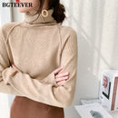BGTEEVER Herbst-Winter-Rollkragen-Frauen-Strickjacke-eleganter dünner weiblicher gestrickter Pullover-beiläufiger gestreckter Pullover-Pullover femme