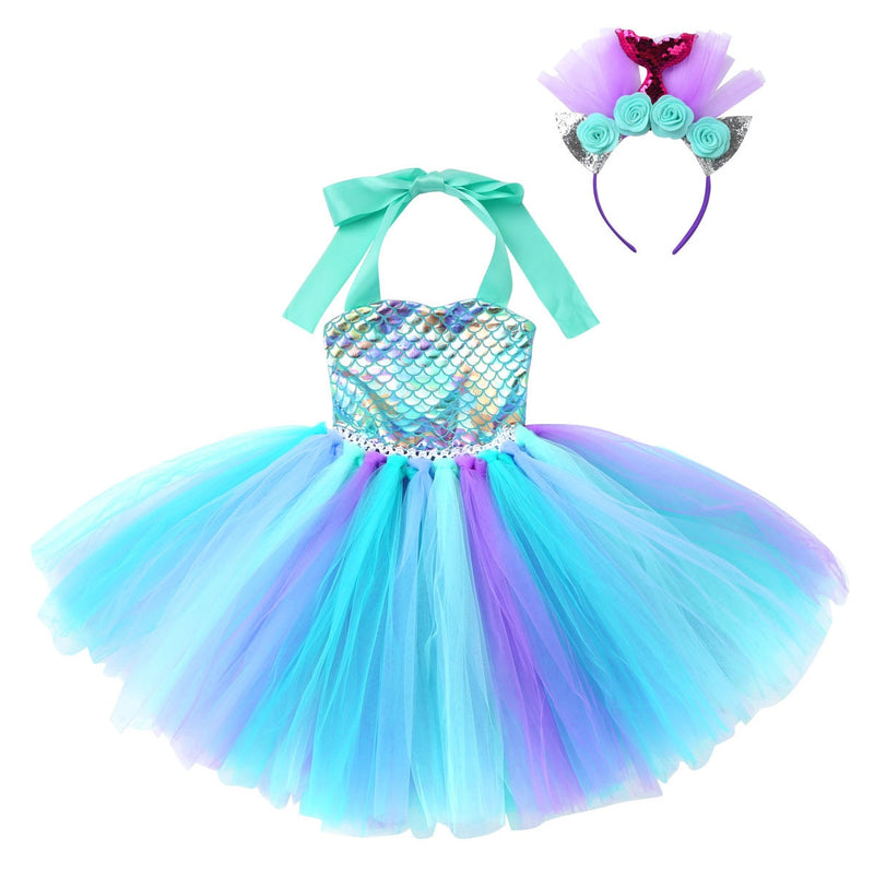 Kids Girls Mermaid Costume Outfit Halter Neck Fish Scales Printed Mesh Tutu Dress with Hair Hoop for Halloween Carnival Cosplay