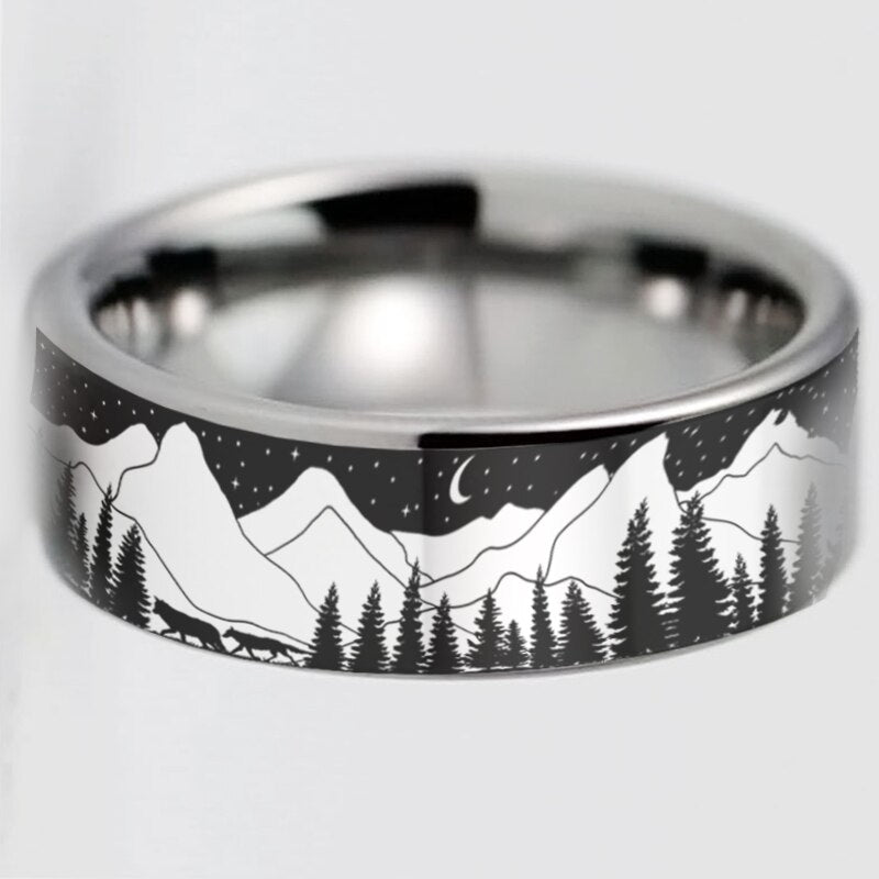 Anniversary Gift Wolf in Night Forest View Rings For Women Men&