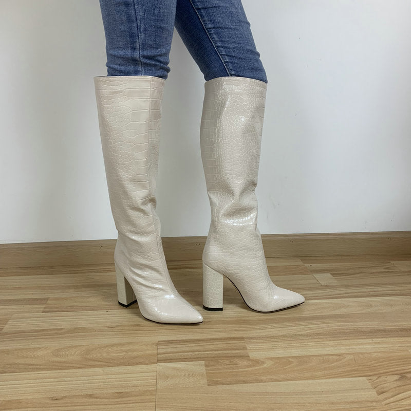 2022 Winter Faux Leather Women Knee High Boots Pointed Toe Long Chunky Block Heels Shoes Size 41 42 43