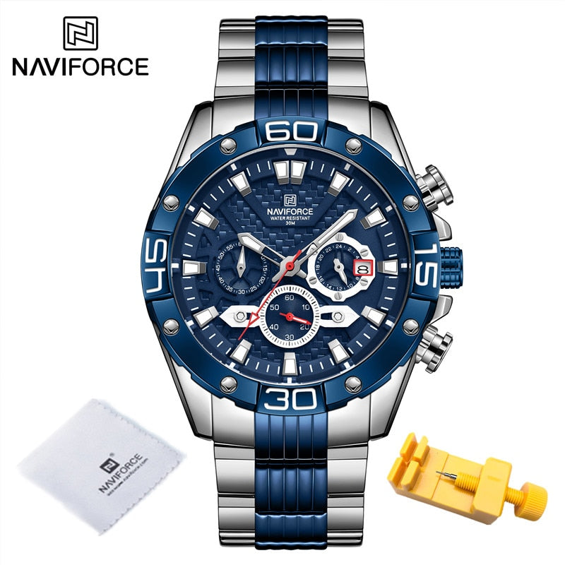 NAVIFORCE Modeuhren für Herren Luxus Original Classic Quarzuhr Analog Chronograph Sport Wasserdicht Stahlband Armbanduhr