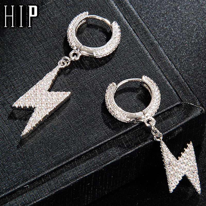 Hip Hop 1Pair Iced Zircon Lighting Earring Gold   Color Micro Paved AAA+ Bling CZ Stone Earrings For Men Jewelry