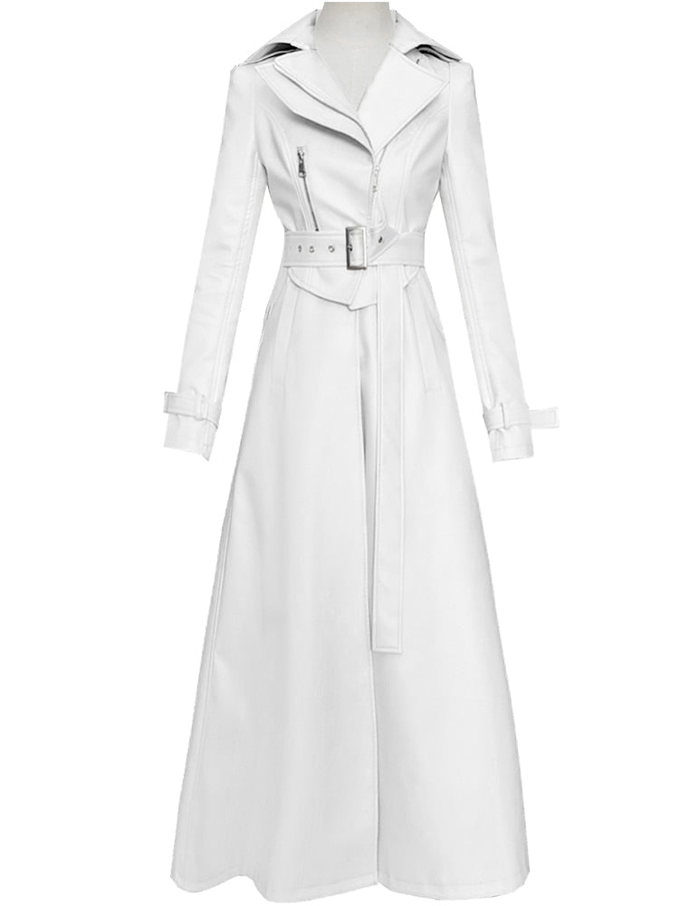 Nerazzurri Spring Runway Weiß Langer Leder Trenchcoat für Damen Langarm Elegante Luxusmode Damen Mäntel 2021 Designer