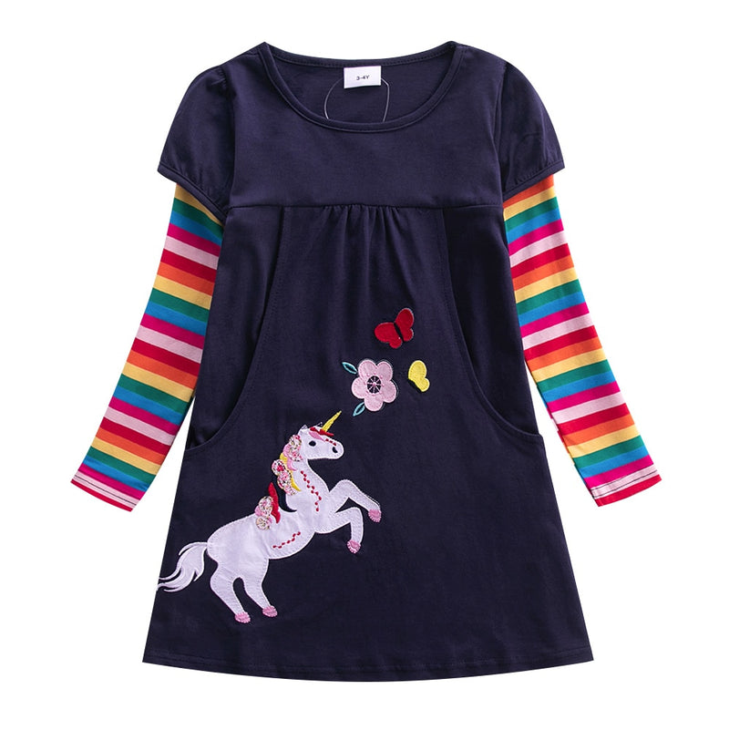 Girls Long Sleeve Star Embroidered Dress Girls Autumn New Style Two Pocket Rainbow Striped Sleeve Cotton Dress LH5809