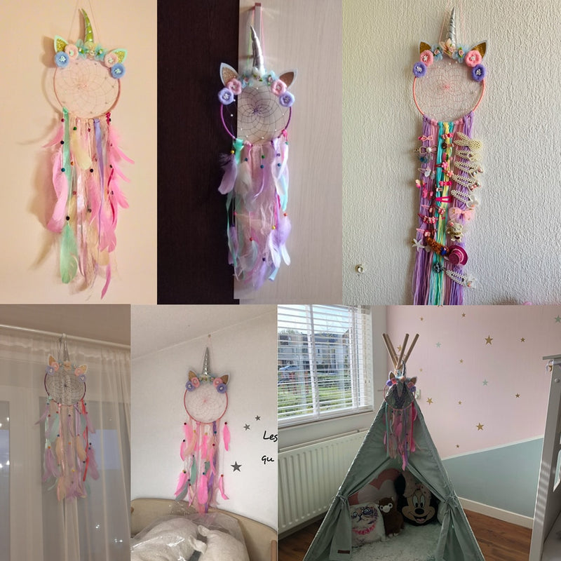 Traumfänger Kinder Einhorn Traumfänger Feder Wanddekoration für Mädchen Schlafzimmer Blume Wandbehang Dekoration Blume