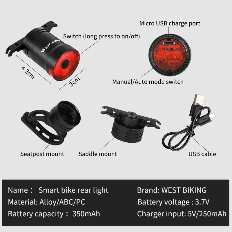 Smart Bicycle Flashlight MTB Road Bike Rear Light Auto Start/Stop Brake Sensing IPX6 Waterproof LED Charging Cycling Taillight