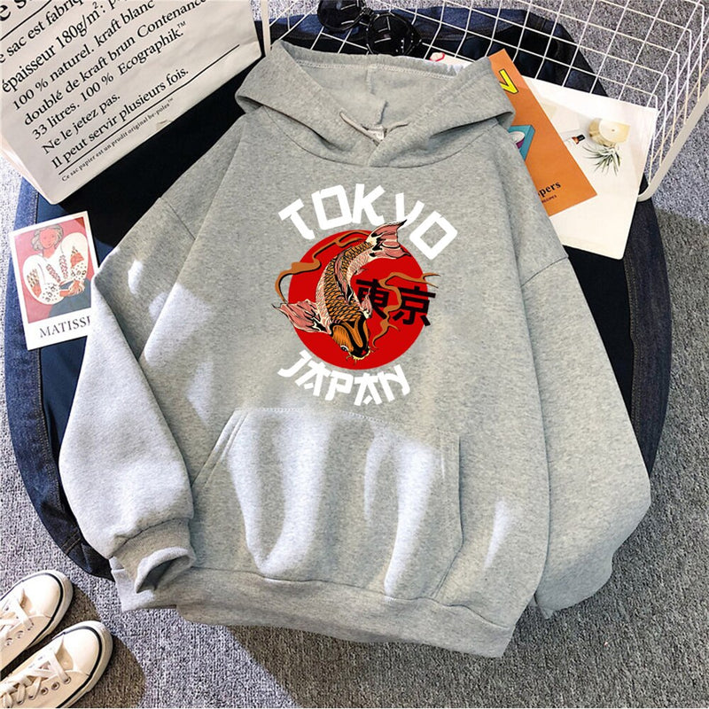 Hoody Japanese Tokyo Koi Print Autumn Fleece Male Pullover Oversize Korean Men Hooded Sweatshirt Street Fashion Man Hoodies