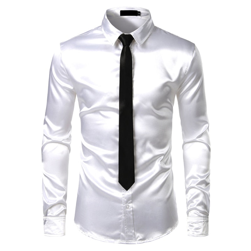 2 uds camisa de seda plateada + corbata para hombre satén suave esmoquin camisas Casual botón abajo hombres vestido camisas boda fiesta graduación Chemise Homme