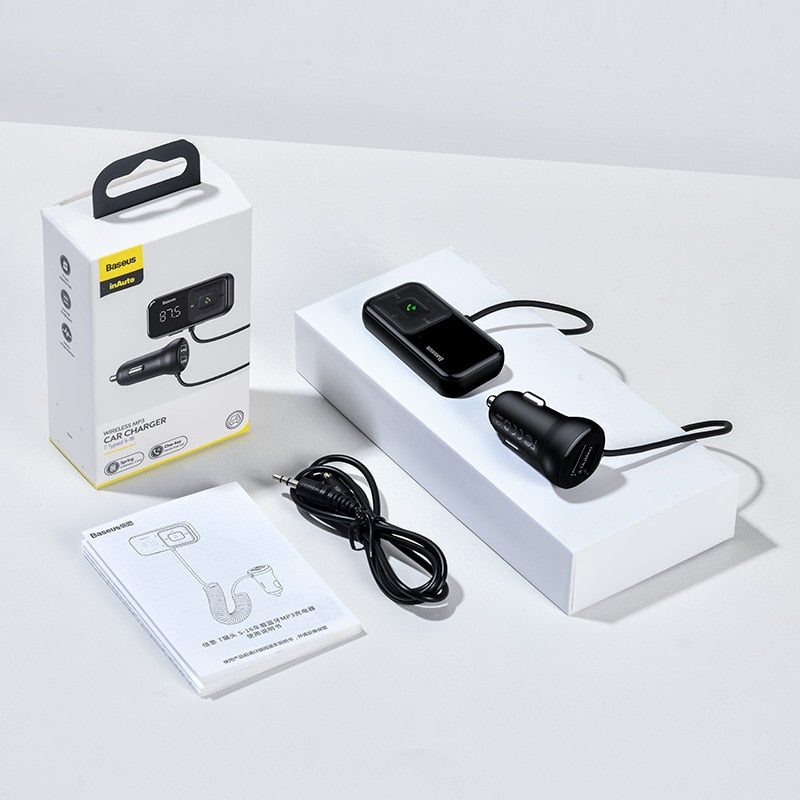 Transmisor FM para coche Baseus, compatible con Bluetooth, cargador de coche USB 5,0, Kit inalámbrico manos libres AUX, modulador de Radio automático, reproductor de MP3
