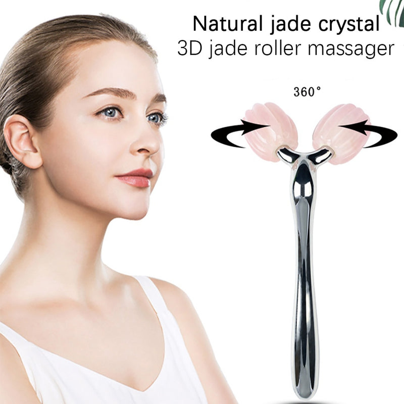 Masajeador de rodillos de Jade 3D para cara, cuarzo rosa, piedra Natural GuaSha, rodillo Facial de belleza, masajeador Facial antiarrugas de elevación fina