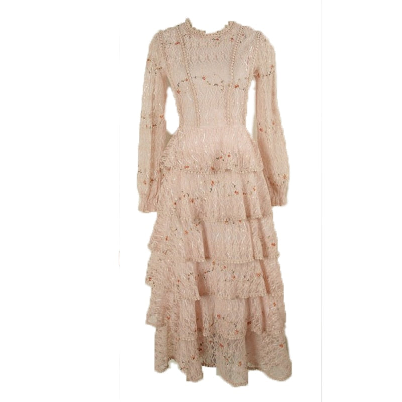 Vintage-Frühlings-Frauen-Spitze-Stickerei-süße Rüschen geschichtetes Midi-langes Kleid-elegante Prinzessin-Partei-Feiertags-Kleid Vestidos