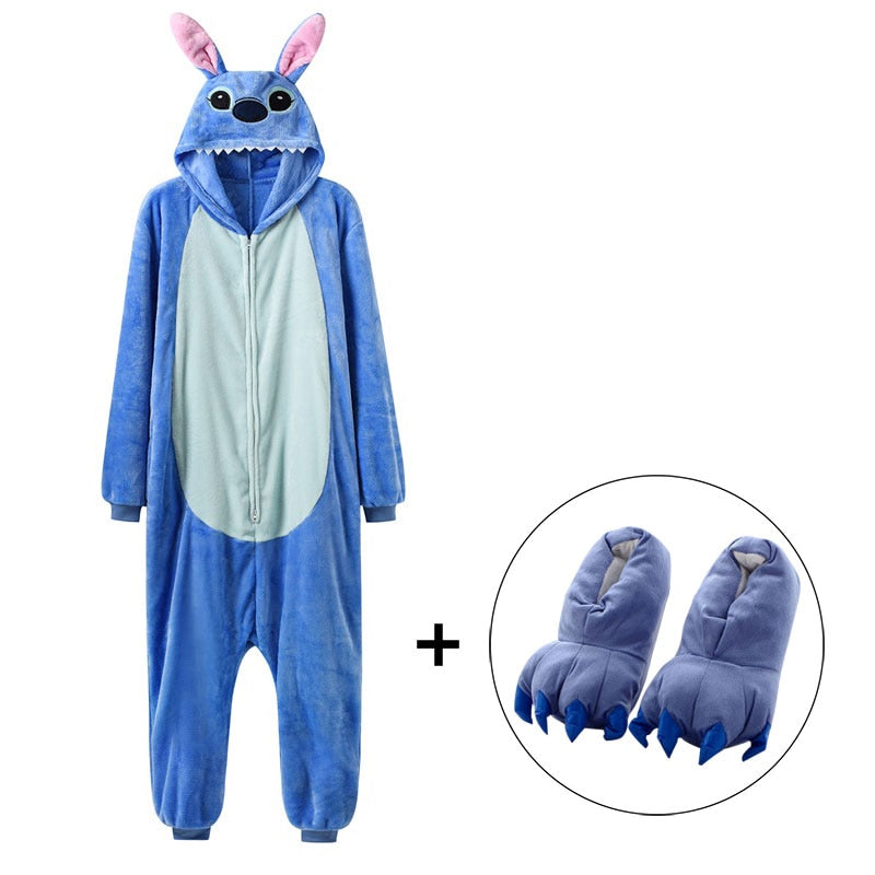 Unisex Zipper Onesie Blue Pajama  Animal Kigurumis Women Winter Warm Sleep Suit Couple Overall Soft Flannel Plus XXL