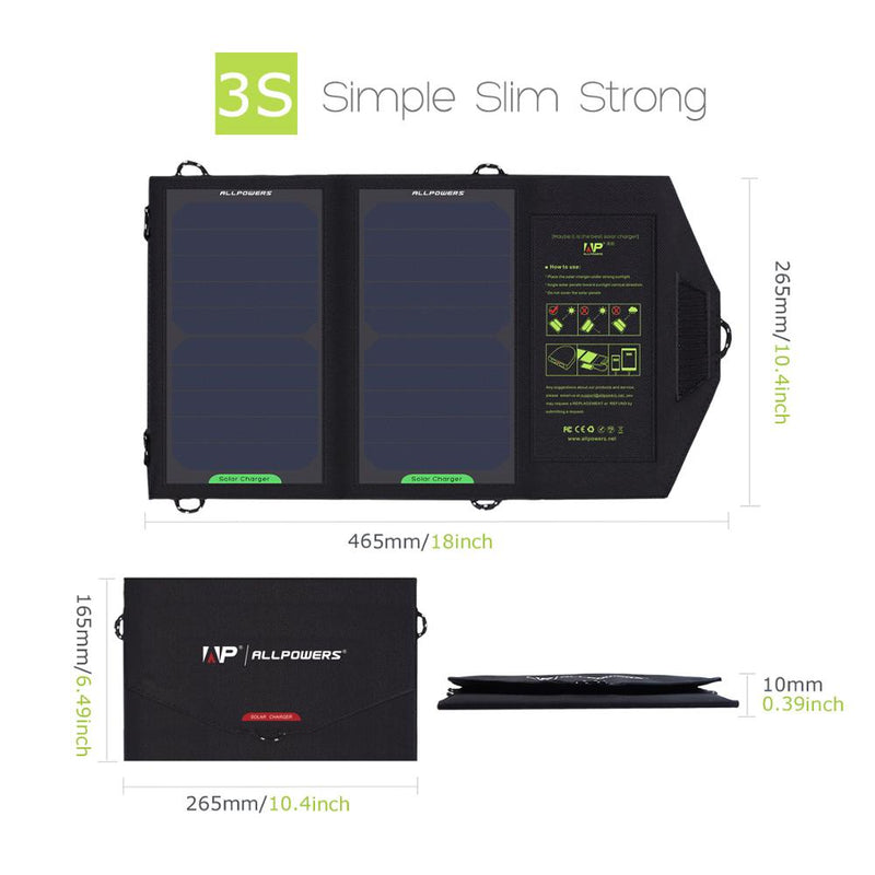 ALLPOWERS Panel solar 10W 5V Cargador solar Cargadores de batería solares portátiles Carga para teléfono para senderismo Camping al aire libre