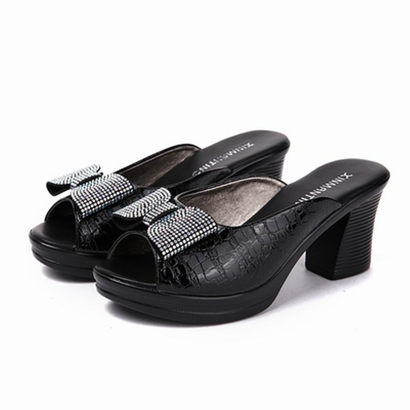2022 new women sandals Women slippers genuine leather rhinestone thick high-heeled color block decoration open toe women sandals