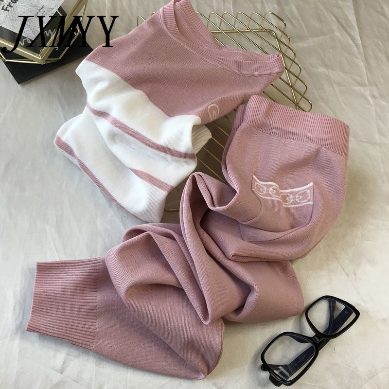 Korean Sommer Schmetterling Kontrast Gestrickt 2 Peice Set Frauen Kurzarm Pullover Weibliche Neue Tops + Hosen Anzug Rosa Casual Trainingsanzug