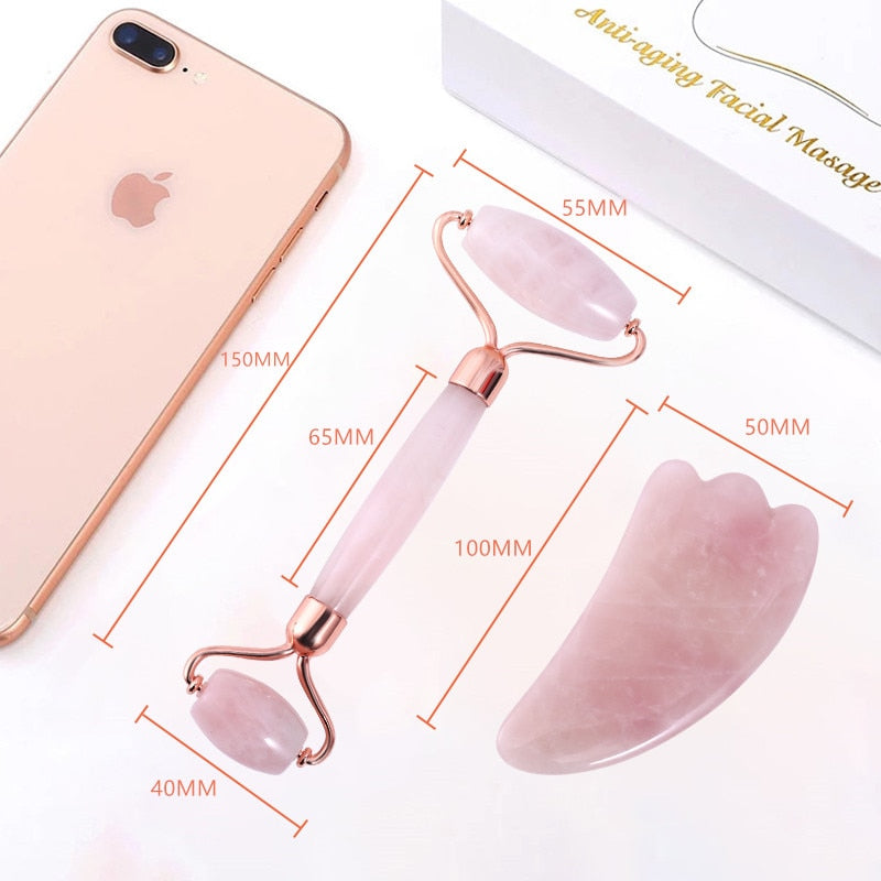 Slimming Massager Rose Quartz Roller Natural Jade Roller Microneedle Roller Jade Spatula Three-piece Skin Care Facial Massager