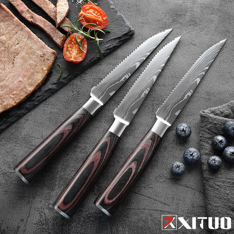 XITUO Steak Knife Set Damascus Pattern Stainless Steel Serrated Knife Beef Cleaver Multipurpose Restaurant Cutlery Table Knife