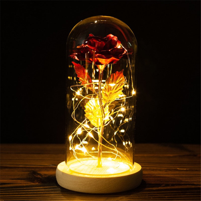 LED Enchanted Galaxy Rose Eternal 24K Gold Foil Flower with String Lights In Dome for Home Decor Christmas Valentine&