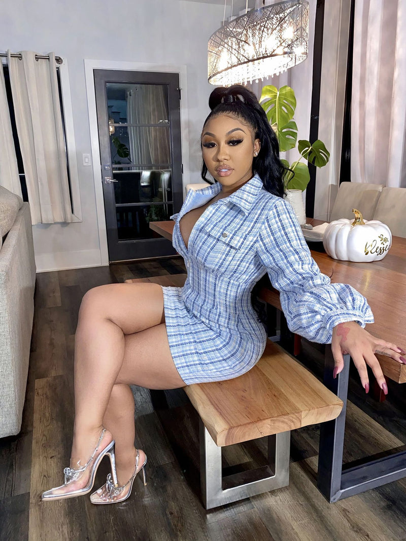 Plaid Women Mini Dress 2021 Autumn Puff Long SleevBodycon Shirts Dresses Sexy Club Party Outfits