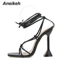 Aneikeh, zapatos de verano para mujer, sandalias básicas de Pu a la moda, tacones de punta cruzados, zapatos de tacón con cordones para fiesta, talla 35-42, negro, blanco, albaricoque