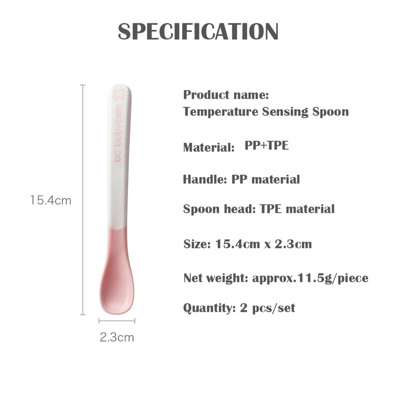 BC Babycare 2pcs Soft Baby Temperature Sensing Spoon BPA Free Food Infant Feeding Tools Flatware Sterilizable TPE Square Spoons