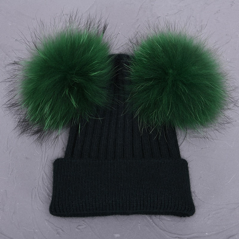 Double Real Raccoon Fur Pompom Hat Women Winter Caps Knitted Wool Hats Skullies Beanies Girls Female Two Fur Pom Pom Beanie Hat