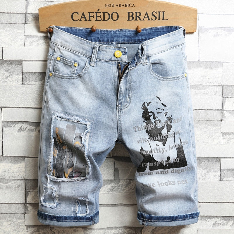 3D character art printed men's light blue comfortable denim shorts 2020 summer new youth must-have fashion slim jeans shorts