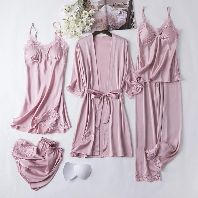 Satin Lady Robes Suit Sexy Kimono Bathrobe Gown Full Slip Lace Nightwear With Strap Nightgown Lingerie Summer Sleepwear With Bow