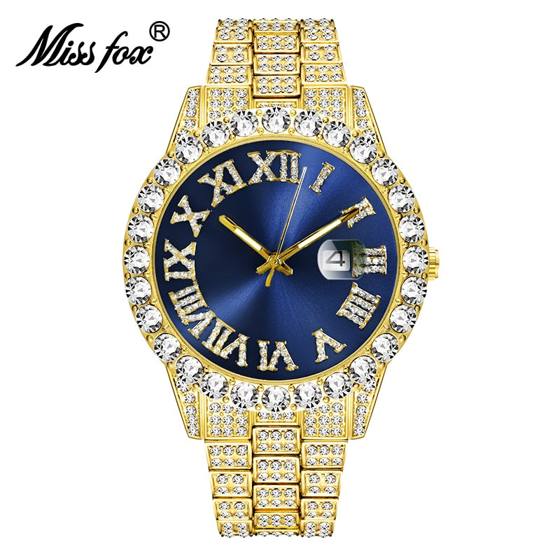 MISSFOX Herrenuhr 2020 Meistverkaufte Luxusmarke Blaues Zifferblatt Gold Herrenmode Uhren Herren Big Diamond Armband Luxusuhr Herren