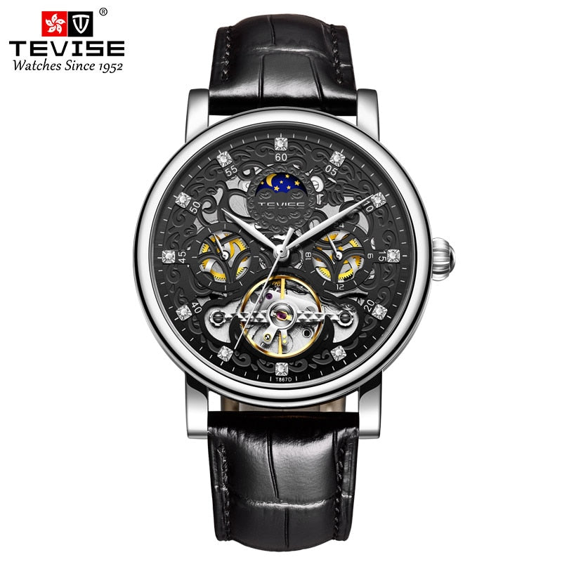 TEVISE Brand Classic Retro Men Watches Automatic Mechanical Watch Men Tourbillon Clock Genuine Leather Waterproof Business Watch