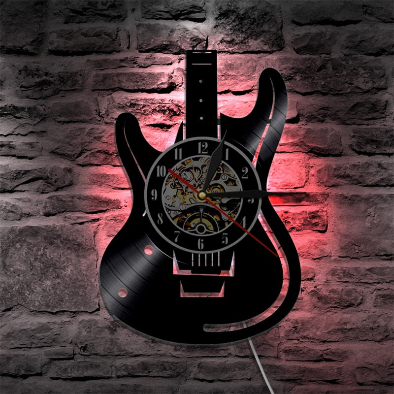 Vinyl Schallplatte LED Wanduhr Modernes Design Musikthema Gitarrenuhr Wanduhr Wohnkultur Musikinstrumente Geschenk für Musikliebe