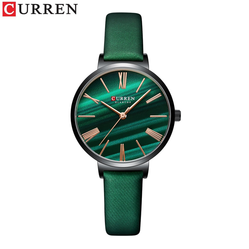 CURREN Mode-Luxusuhren für Frauen Malachit-Grün-Quarz-Kleid-Armband-Armbanduhr mit weiblicher Uhr aus Leder