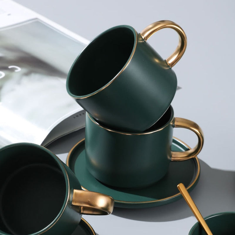 Taza de café con leche de cerámica verde, taza de desayuno de leche de soja, vaso de porcelana fina, juego de tazas de té y platillo