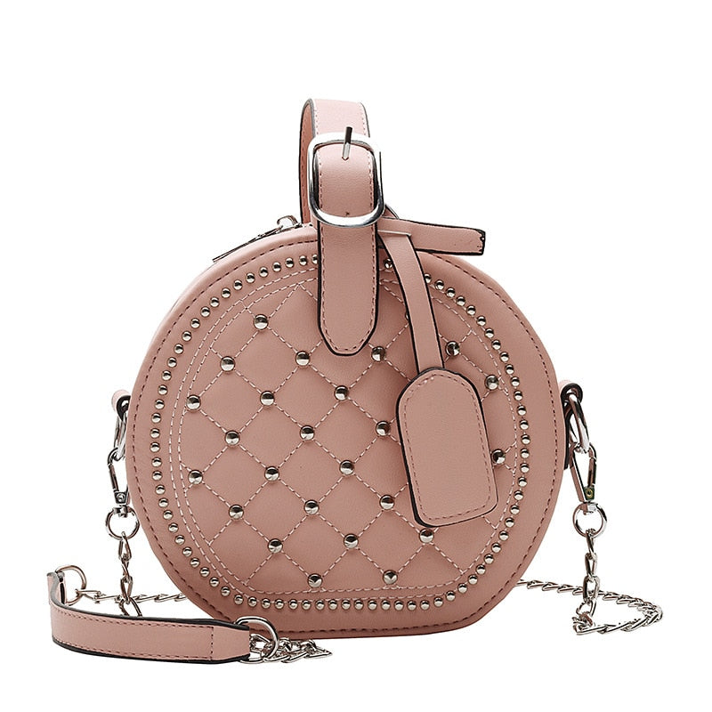 Fashion Chain Rivet Circular Women Shoulder Bag PU Leather Women&