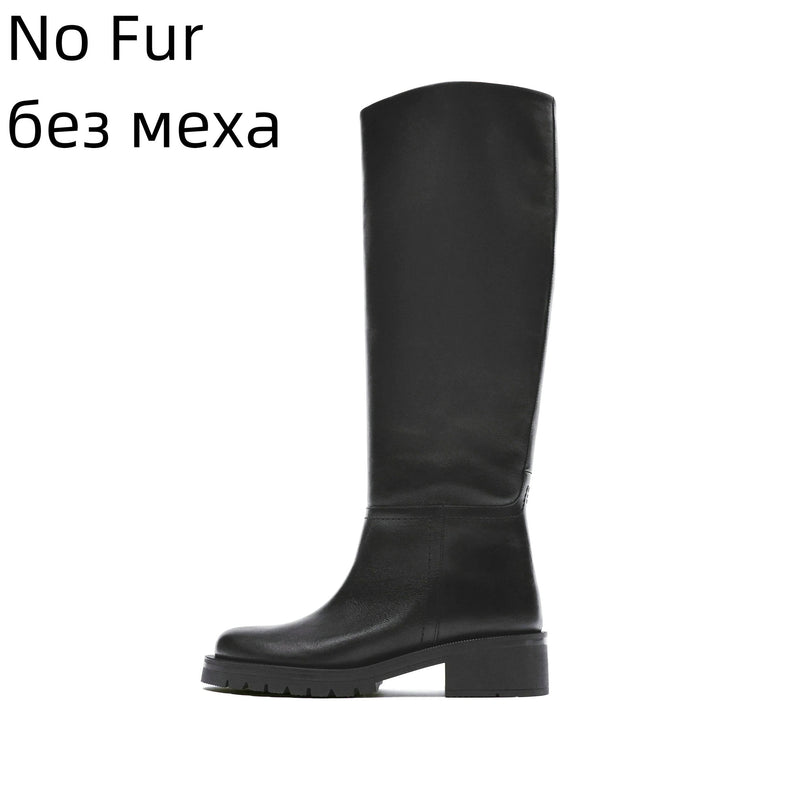 QUTAA INS Mode Frauen Kniehohe Stiefel Vollrindleder Warme Wohnungen Dicke High Heels Motorradstiefel Frau Dame Schuhe 34-43