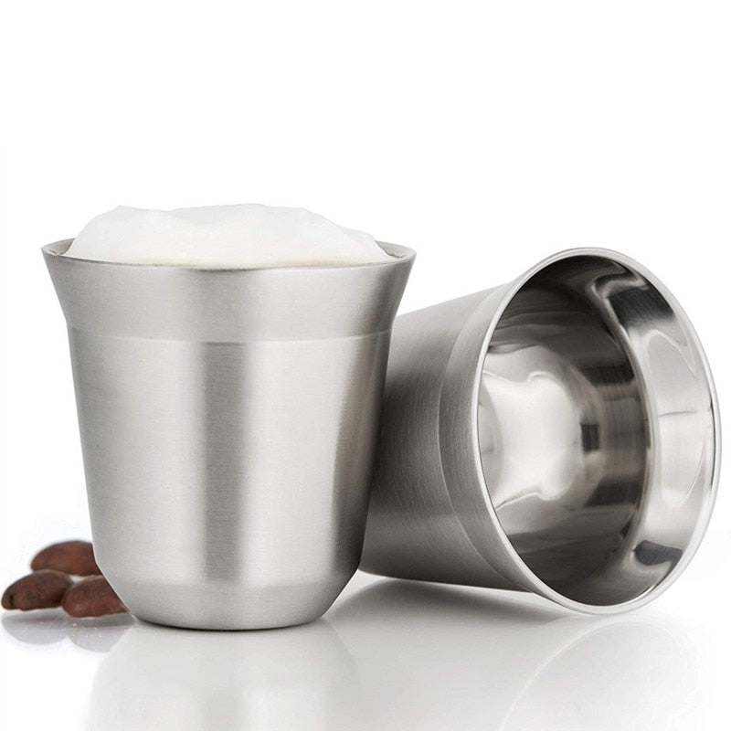 Stainless Steel Espresso Cups Set of 2 - Double Wall Insulated Metal Espresso Cups Travel Espresso Cup Glass Sets With Spoon