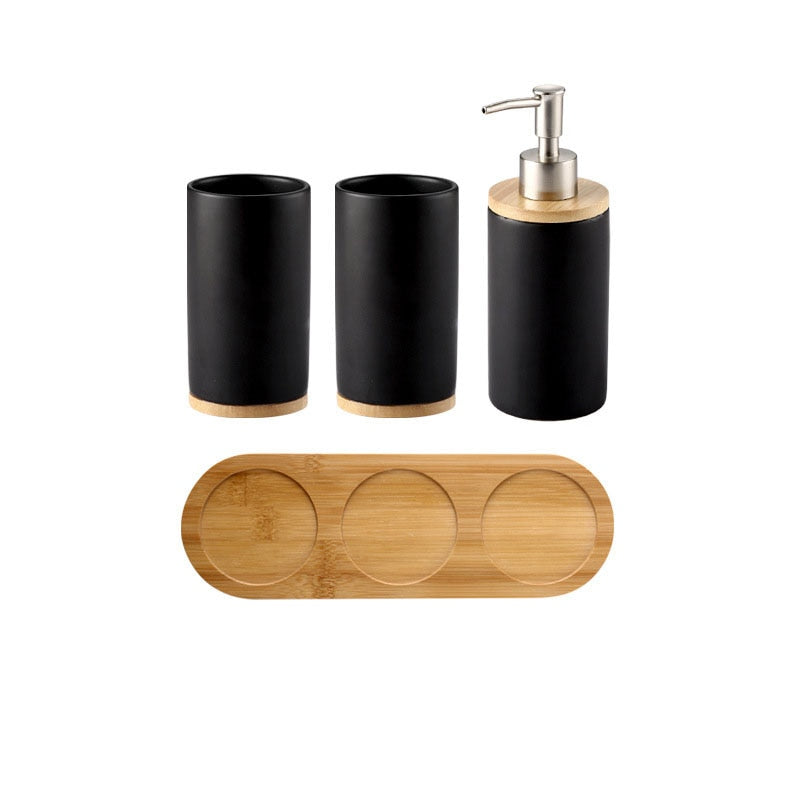 Ceramic Bamboo Toothbrush Holder Cup Bathroom Accessories Set Tumblers Bathroom Emulsion Container Dishwashing Liquid Container