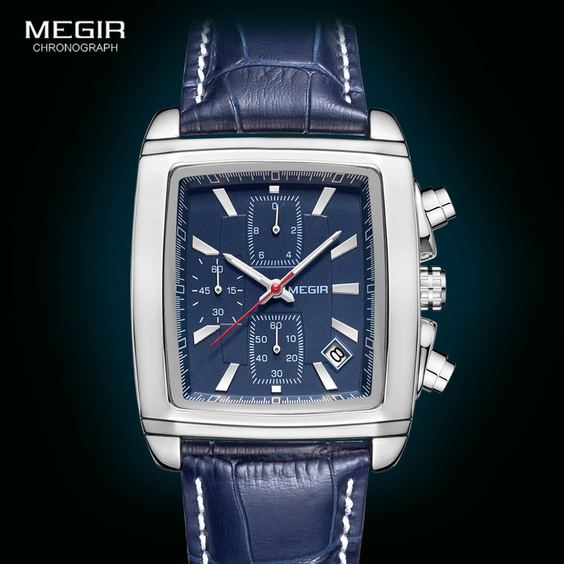 Reloj Megir con correa de cuero y esfera rectangular para hombre, relojes de cuarzo con cronógrafo azul informal, reloj de pulsera para hombre, reloj de pulsera para hombre