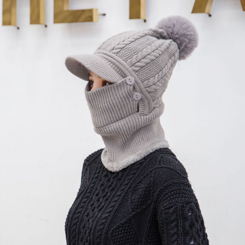 2021 Warm Neck Knit Hat Fur Pompoms Hat Mask Winter Hat For Girl Wool Knitted Hat Female Balaclava Caps Gorras Bonnet