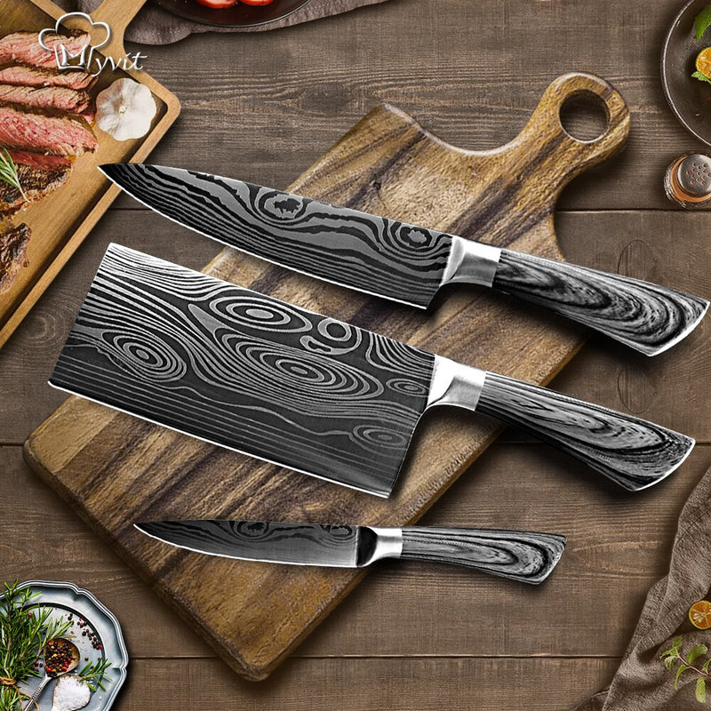 Kitchen Knife 5 7 8 inches stainless steel chef knives Meat Cleaver Santoku utility 440C lazer damacuse pattern Cooking Set