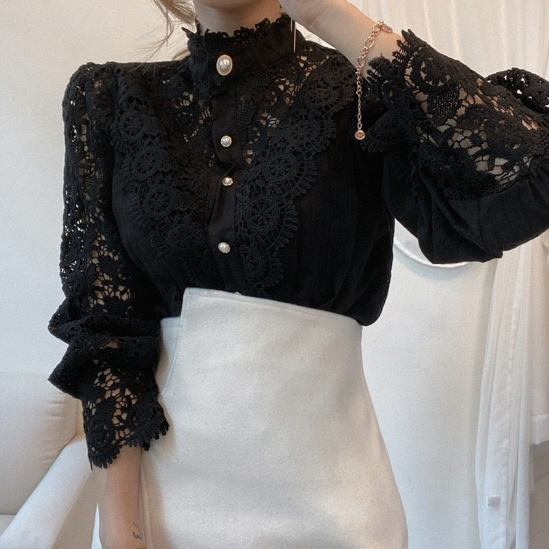 Korean Chic Lace Blouse Women White Patchwork Shirt Button Hollow Out Tops Flower Stand Collar Blusas Petal Sleeve Blouses 12419