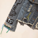 2022 Frühling Herbst Neue Frauen Street Fashion Graffiti Jeansjacke Weibliche Persönlichkeit Kurze Raw Cut Niet Jacke Fringe Jean Mantel