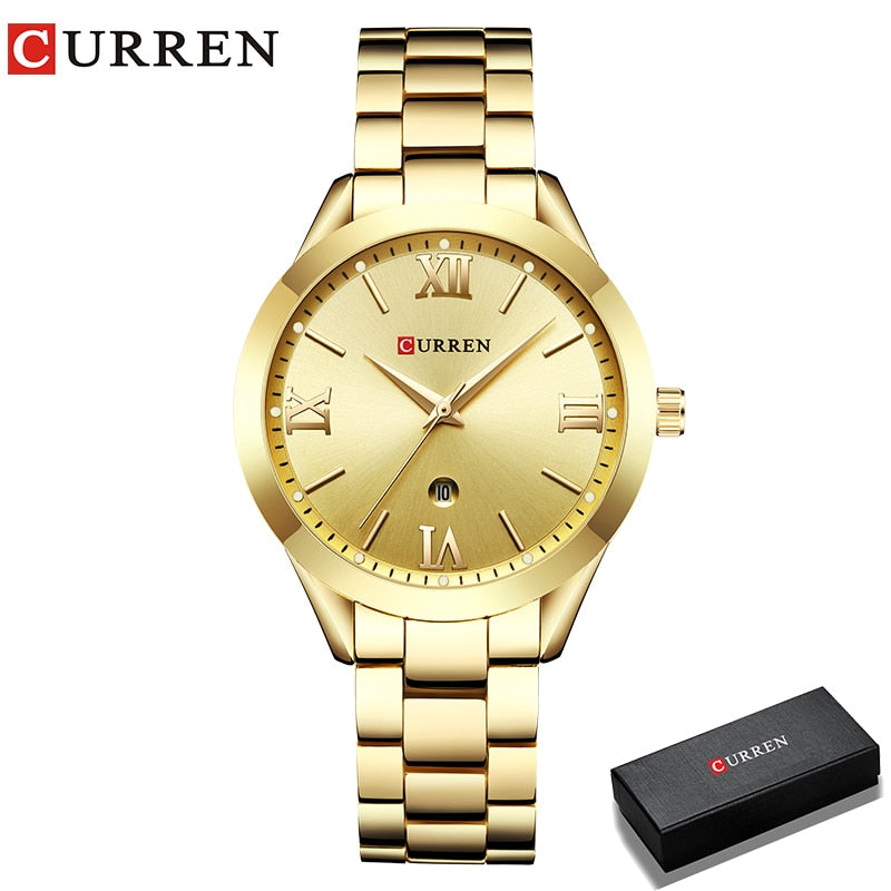 CURREN Marke Frauen Stahl Uhr Damen Luxus Kleid Mode Quarz Armbanduhr Klassische Kristall Gold Armband Frauen Uhr Uhr