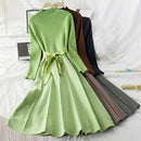 ALPHALMODA, vestido de punto acampanado con cuello alto para mujer, novedad de 2019, vestido de punto con fajas elegantes a rayas de flecha gruesa para mujer